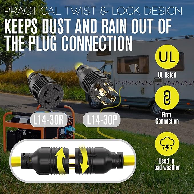 Houseables 30 Amp Generator Cord, Generator Cord, NEMA L14-30P to L14-30R, 30 Amp Extension Cable, 125/250V for 240V Use, 240 Volt, 30amp Power Wire, 4 Prong Plug, Dryer, UL CUL, 10 Gauge, 7500W, 25FT