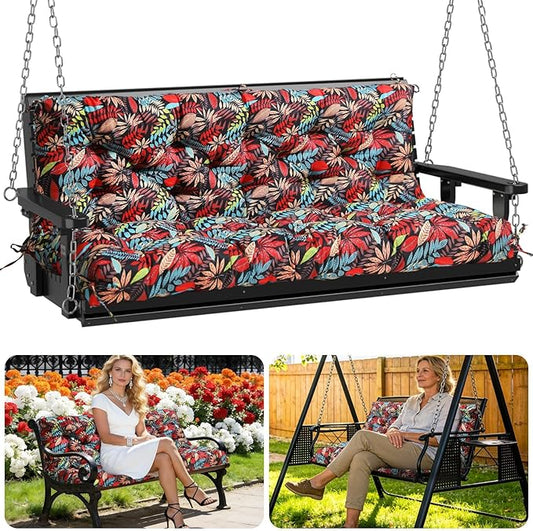 Porch Swing Cushions Outdoor 70 inch x 40 Waterproof Swing Cushions 3 Seater Replacement with Backrest & 8 Ties 5" Thick Bench Swing Cushions for Outdoor Furniture Patio(Red Leaves)