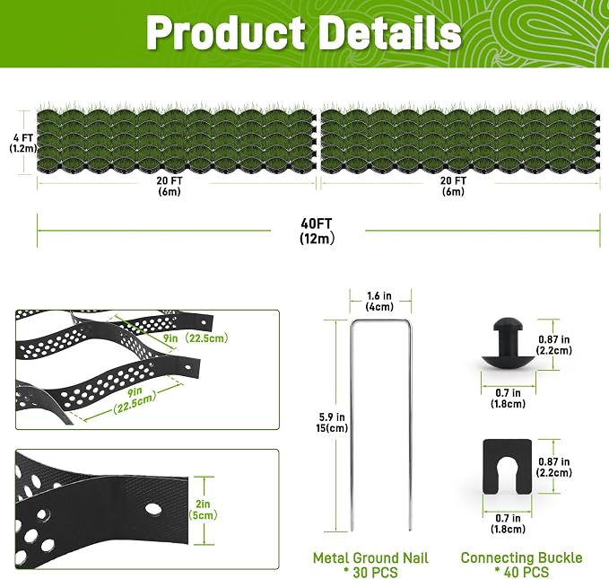 Gravel Grid 4 x 40 FT, 2" Depth HDPE Geo Grid 1885 lbs Per Sq Ft Load with U-Shaped Stakes & Connectors for Driveway, Patio, Shed Base, Parking Lot, Grass Stabilization, Black