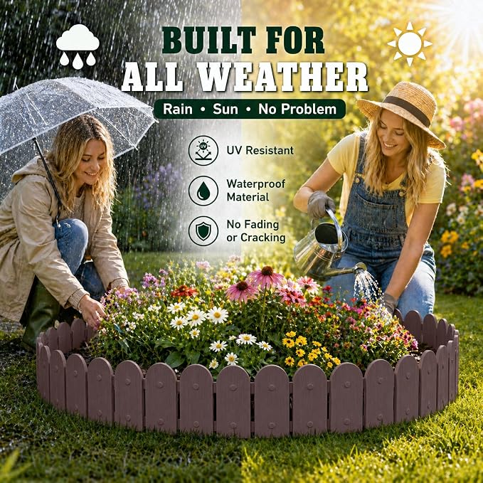 Evelyne Garden Border Plastic Edging: Wooden Fence Design - 8pcs Brown Yard Landscaping Fence Liner Lawn Edge Barrier - 10ft Kit of Decorative Lawn Panels Elements -Landscaping Edging-GMT-10374-A08