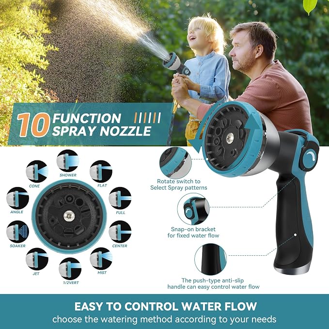 Garden Hose 50 FT NON-EXPANDABLE Water Hose Flexible Garden hose & Ultra Lightweight Hose with 10-Pattern Garden Hose Nozzle High-Strength Special Cloth Cover with 3/4" Brass fitting for Garden