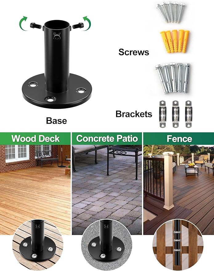 String Light Poles, 12.6 FT Light Poles for Outside Patio, Outdoor Deck Lighting Poles with Brackets for Fence and Base for Wood Concrete Mount, Heavy Duty Metal Stand Hanging Garden Party Decoration