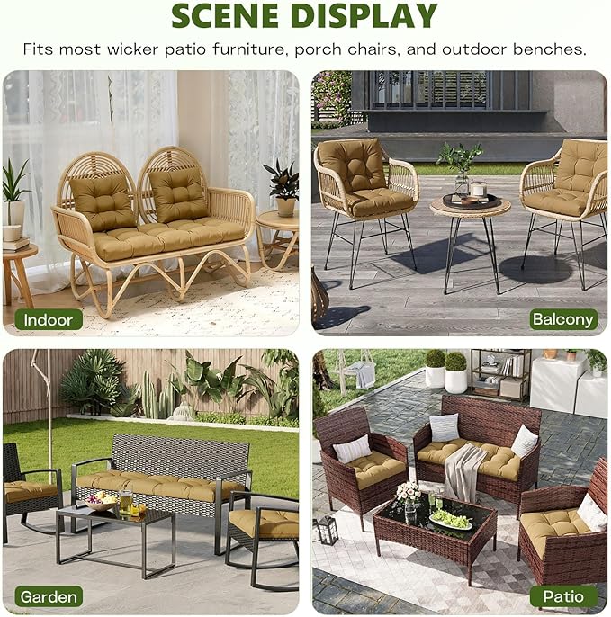 Wicker Chair Cushions Set, 2 U-Shaped Cushions & 1 Loveseat, Waterproof Outdoor Loveseat Cushion for Patio Furniture, Settee Bench Pad All Weather,Khaki