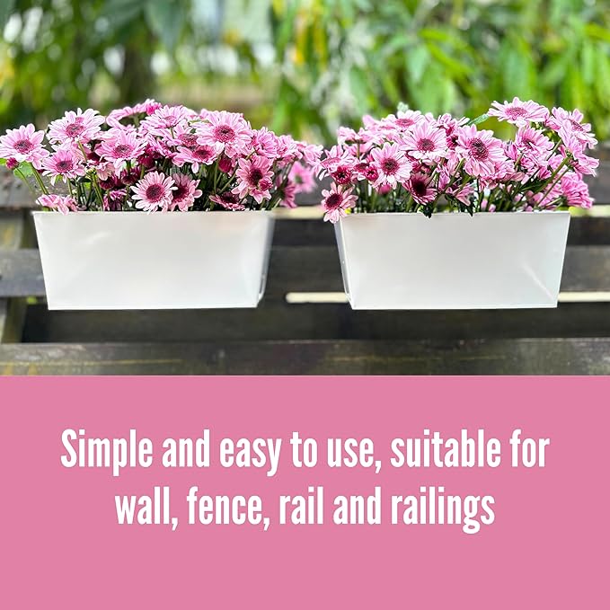LaLaGreen Rail Planters (16 Inch, 2 Pack) White Metal Rectangle Plants Boxes Hanging Flower Pots Outdoor Planter Patio Decor Apartment Balcony Deck Railing Fence Rail Decorations Garden Baskets Pot