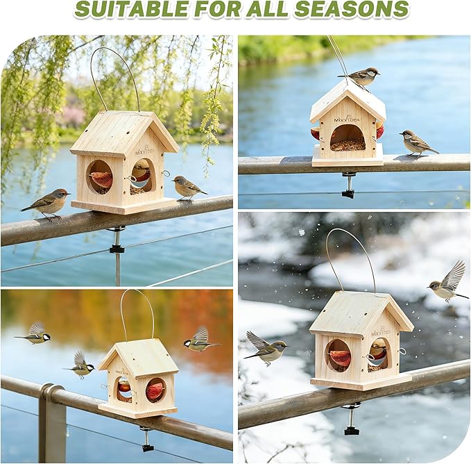 MIXXIDEA Deck Bird Feeder for Railing, Wooden Balcony Deck Bird Feeders for Outside, with Metal Clamp, Easy to use (1pk)