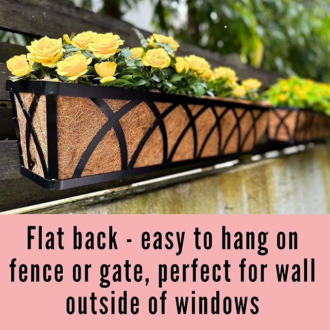 LaLaGreen Wall Planters (2 Pack, 36 Inch) Black Metal Rectangular Hanging Window Planter Box with Coco Liner Attach House Outdoor, Flower Basket Plant Holder Deck Railing Patio Porch Balcony Fence