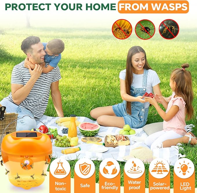 Wasp Trap, Solar Wasp Traps Hanging, Reusable Yellow Jacket Trap with LED Light, Wasps Killer, Bee Hornet Traps for Outside Orchard, Farm, Garden, Patio, Courtyard (4, Yellow)