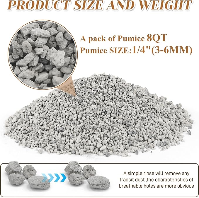 Horticultural Pumice for Plants, 8 Quarts Bag Natural Soil Amendment, 1/4" Particle Size for Succulent, Cactus, Bonsai Tree, Orchid Potting Mix