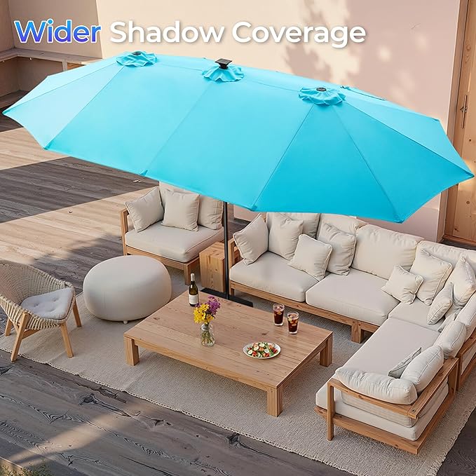 SUPERJARE 15ft Large Patio Umbrella with Base included, Double Sided Outdoor Umbrella with Solar Lights, Pool Umbrella with Fade Resistant Canopy for Deck, Porch, Yard, Balcony, Light Blue