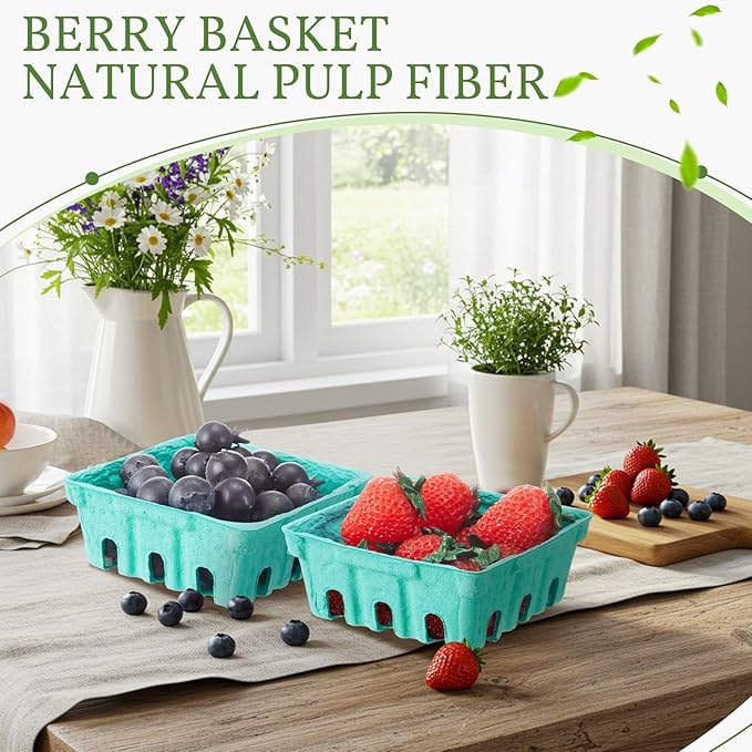 Reallnaive 20 Pack Green Pulp Fiber Berry Baskets 1/2 Pint, Small Molded Produce Vented Basket for Strawberry, Blueberry, Raspberry, Vegetables, Farmers Market, Fruit Picking, Garden Harvest, Party