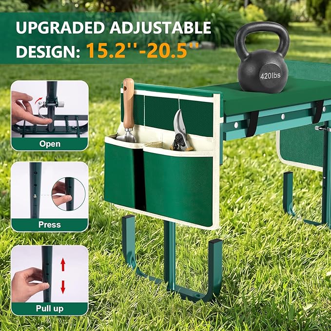 AUROPEAK 2-in-1 Garden Kneeler and Seat, Adjustable Garden Stool with Thickened Pad & Handles, 7-Level Height Adjustment, Foldable 420lbs with 2 Tool Bags for Seniors Gardening Outdoor Use