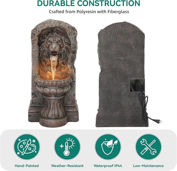 AUTODAYA 30" Majestic Lion Head Outdoor Water Fountain, Rustic Stone Pedestal Cascading Water Feature with Warm LED Lights, Tranquil Oasis for Outside Garden Patio Yard Decor