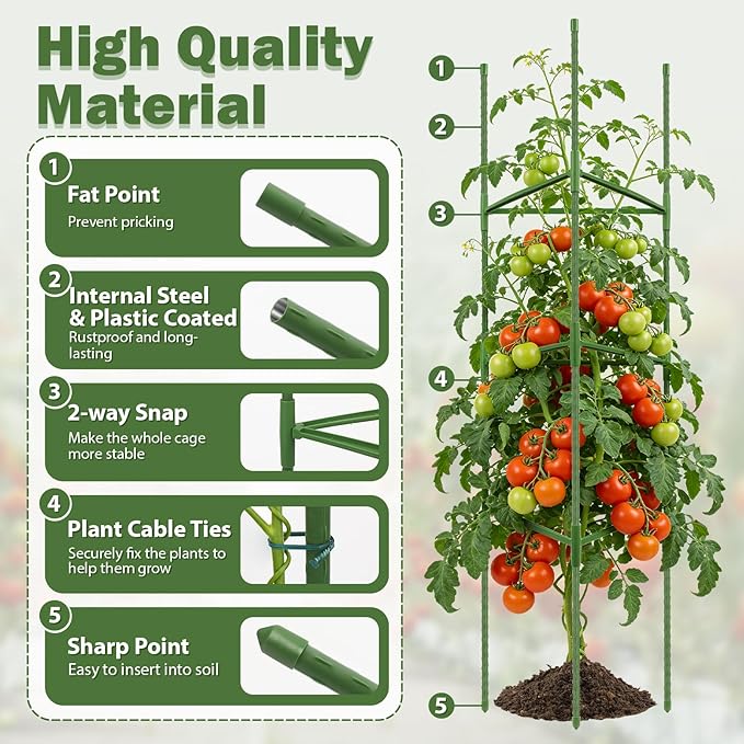 6 Pack Tomato Cage for Garden Plant Supports, 48 Inch Tomato Trellis for Potted Plants, Heavy-Duty Garden Plant Stakes for Climbing Vegetables Plants Cucumber Peony Flowers, Green