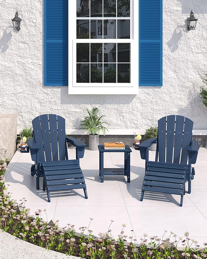 GarveeLife Folding Adirondack Chair Set of 2 with Ottoman, All-Weather HDPE Outdoor Chair, Wooden Textured with Cup Holder for patios, Decks, Gardens, fire pits, Navy Blue