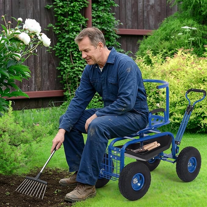 Rolling Garden Work Seat with Wheels, 300lbs Heavy Duty Garden Cart, 360° Swivel Adjustable Height Rolling Stool, Extendable Handle, Storage Basket & Tray for Gardening, Lawn Care, Adults & Seniors