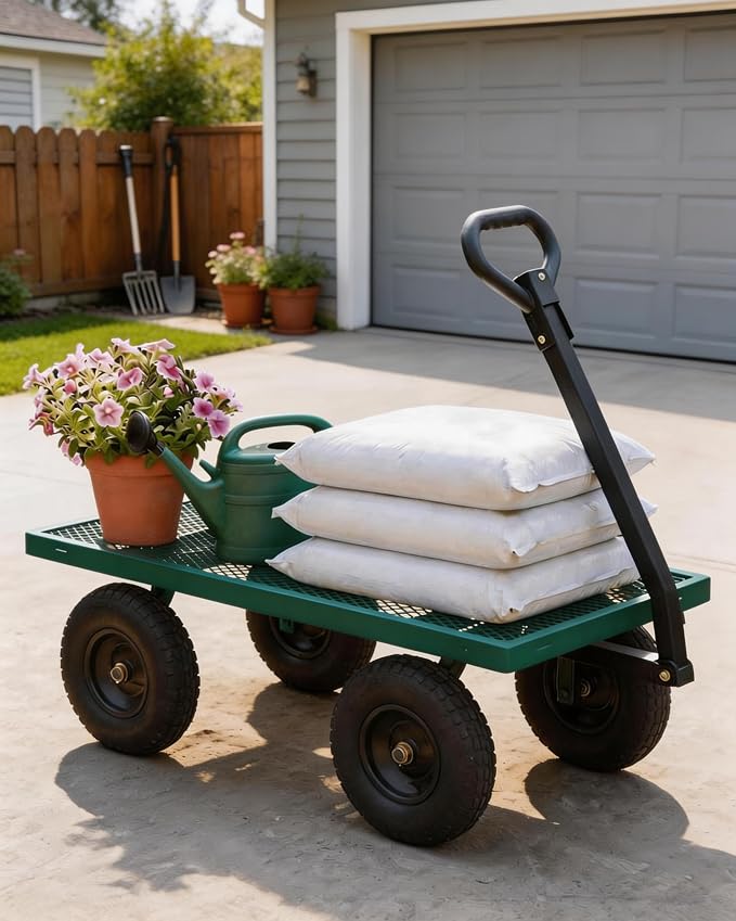 GarveeTech 1200LBS Heavy Duty Steel Garden Cart, Garden Wagon Cart on Wheels, Metal Yard Utility Wagon with Removable Mesh Sides, 13" All Terrain Tires, 180° Rotating Handle for Lawn, Garden, Farm