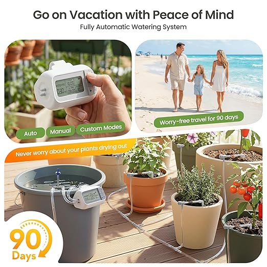 Automatic Drip Irrigation Kit, Solar & USB Rechargeable Auto Plant Watering System with Programmable Timer, Anti-Siphon Valve, DIY Irrigation System for up to 15 Outdoor/Indoor Potted Plants