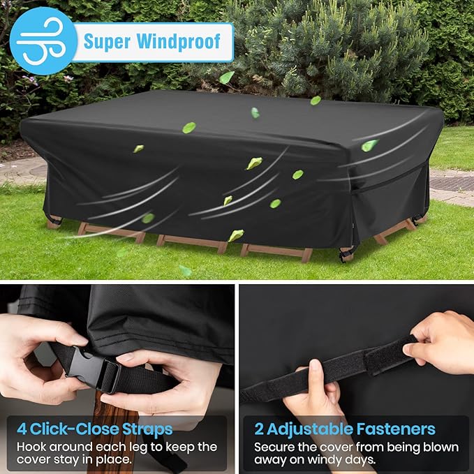 Velway Patio Furniture Cover Outdoor, Waterproof Rectangular Patio Table Chair Set Cover, 98"Lx78"Wx28"H, All Weather Oxford Tear-Resistant Sectional Sofa Set Covers with Windproof Design, Black