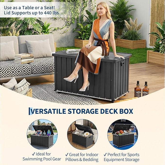 Outdoor Metal Storage Box 160 Gallon for Patio, Large Metal Deck Box Waterproof with Dual Gas Struts, Rolling Wheels and Handles, Steel Deck Box for Cushions, Tools, Pool Floats, Porch and Backyard
