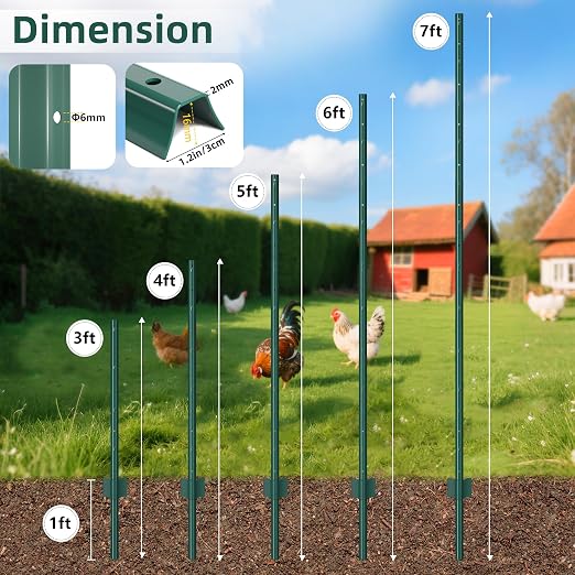 Metal Fence Post 7feet, Heavy Duty Garden Fence Post for Holding Wire Fence, Sign U Post Pack of 10 Sturdy Outdoor No Dig Fence Post for Garden Yard – Green
