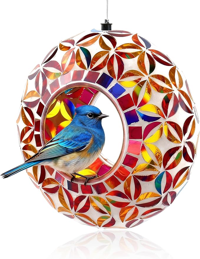 SAVENNA Mosaic Glass Hanging Bird Feeder, 6.3 Inch Handcrafted Outdoor Feeder with Steel Wire Rope, Decorative Garden & Patio Feeder for Wild Birds, Colorful Floral Mosaic Design