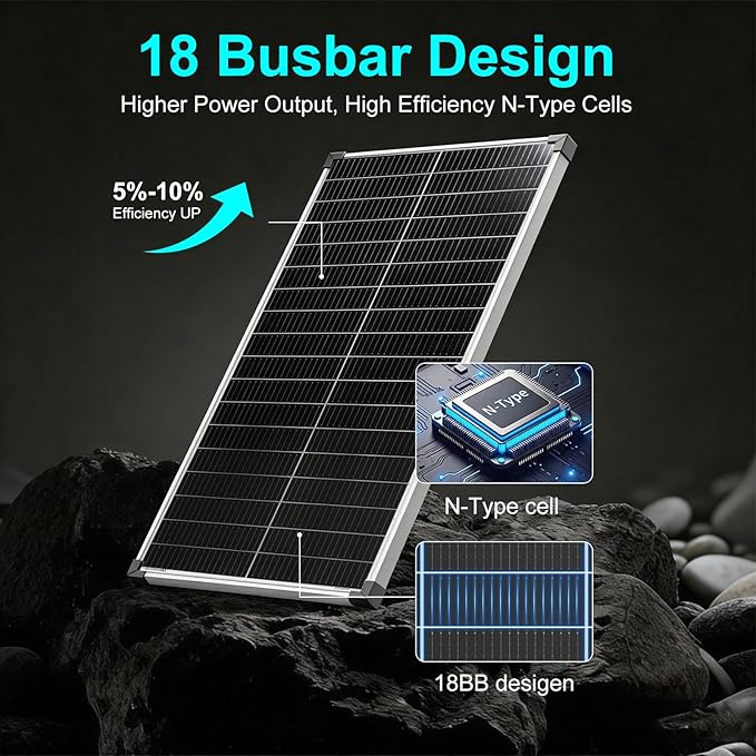 18BB 100 Watt Solar Panel, N-Type 18V 100W Solar Panel, 25% High Efficiency Monocrystalline PV Modules IP68 Waterproof for RV, Marine, Rooftop, Farm, Trailer, Home Off-Grid System