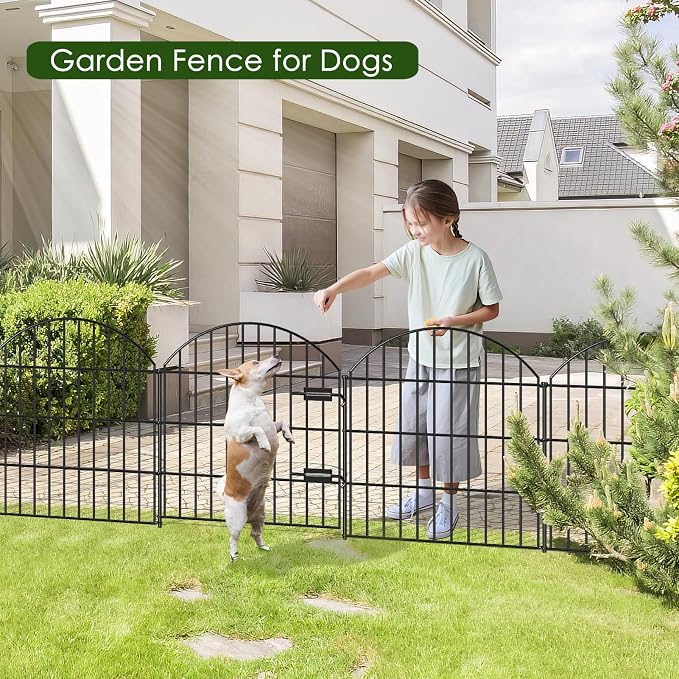 FOREHOGAR Metal Garden Fence with Gate 28in (H) x 18.7ft (L), 1 Gate + 7 Panels Dog Fence Border Fence Animal Barrier, No Dig Garden Fencing for Yard Flower Bed Lawn Patio Outdoor, ECG2829 Black