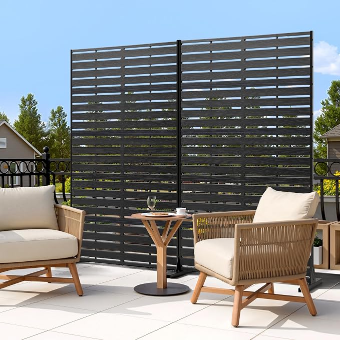 Outdoor Privacy Screen 60" H HDPE Decorative Panel Freestanding Privacy Fence with Stand, Privacy Screens with Louvered 5 Panels, Weather-Resistant Panel Fence for Patio, Balcony, Pool, Black