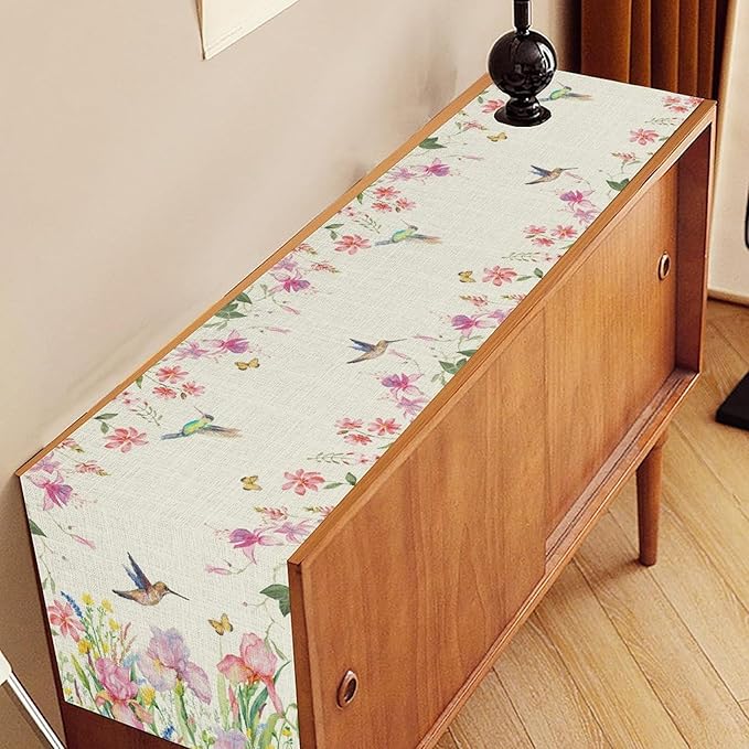 Floral Birds Table Runner, Rustic Boho Wildfloral Watercolor Butterfly Hummingbird Spring Seasonal Coffee Table Center Decor for Family Kitchen and Dining Farmhouse Party Table Decorations, 13"x36"