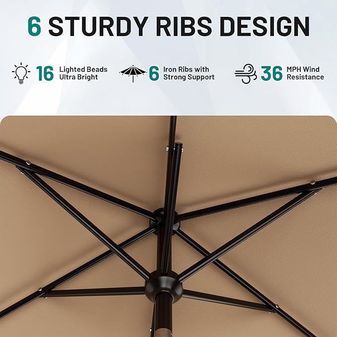 AreShark 6.5' x 10' Rectangular Patio Umbrella with Solar Lights, Solar Powered Lighted Market Umbrella w/Tilt and Crank, Outdoor Table Umbrella for Garden, Deck, Backyard, Pool and Beach, Beige