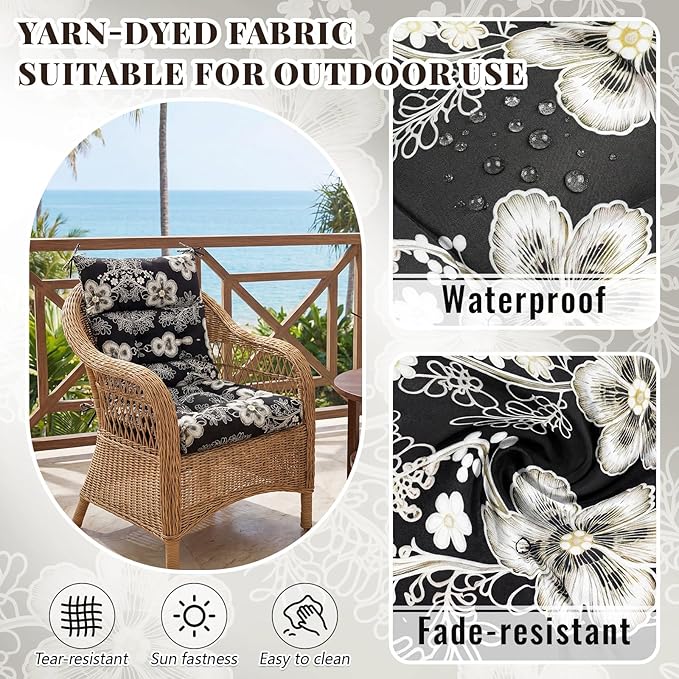 Sintuff 4 Pcs 44 x 21 x 4 Patio Chair Cushions Outdoor Chair Cushion Seat/Back Tufted Pillow with Ties Water Resistant Replacement Indoor Patio Furniture Outdoor Furniture (Flower,Black,White)