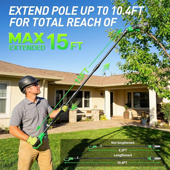SOYUS Pole Saw 8-Inch Cordless, Electric Pole Saw for Tree Trimming with 2 X 3.0Ah Battery & Charger, 15-Foot Max Reach Cordless Tree Trimmer with Multi-Angle, 16ft/s Speed, Auto Oiling