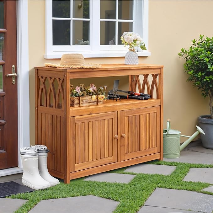 Devoko Outdoor Storage Cabinet, Weatherproof Cabinet Acacia Wood with 2 Magnetic Doors and Shelve, Outdoor Buffet, TV Stand, Potting Table (Brown)