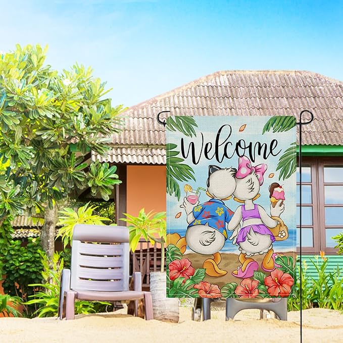 Selmad Welcome Summer Cartoon Duck Decorative Garden Flag, Beach Coastal Hibiscus Flower Tropical Home Yard Outdoor Decor, Hawaii Nautical Seasonal Small Outside Decoration Double Sided 12 x 18