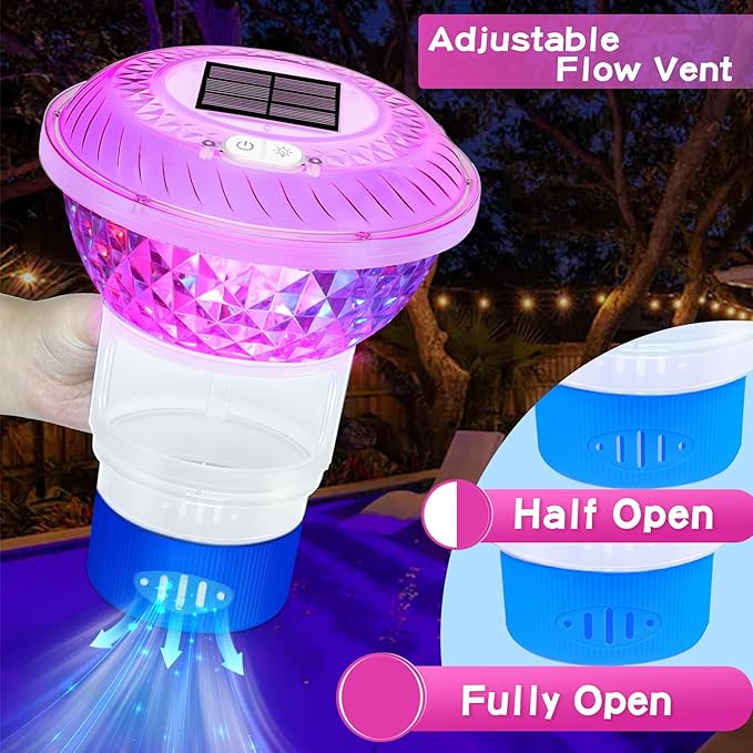 Solar Pool Chlorine Floater,Chlorine Floater with Colorful Lights,Button Control Floating Pool Chlorines Dispenser,Adjustable Release & Easy Opening,Solar chlorines floaters for Hot Tub,Blue