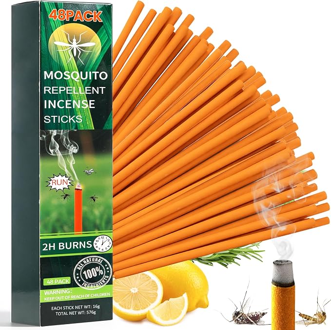 48 Pack Mosquito Incense Sticks for Outdoor Patio Backyard Indoors Camping Travel Yoga, DEET Free Mosquito Repellent Sticks Safe for Kids Pets, Long-Lasting 2-Hour Burn Time, Orange