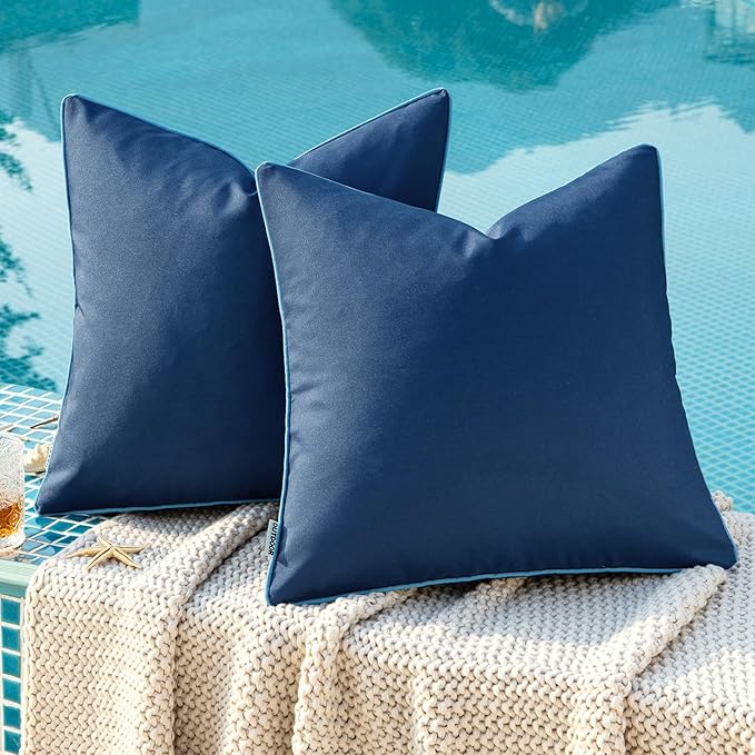 MIULEE Pack of 2 Outdoor Waterproof Throw Pillow Covers Decorative Outdoor Pillowcases Piping Edge Water Resistant Cushion Covers for Patio Garden Couch Chair Tent Balcony, 18x18 Inch Navy Blue
