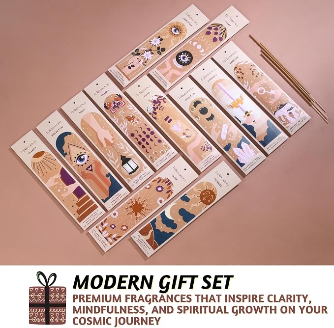 Folkulture Incense Sticks (240 Sticks) | Set of 12 Incense Sticks Variety Pack Aromatherapy Gifts | No Charcoal, Organic, Non Toxic, 45 Mins, Long Burning Jasmine, Patchouli, Palo Santo Insence-Sticks