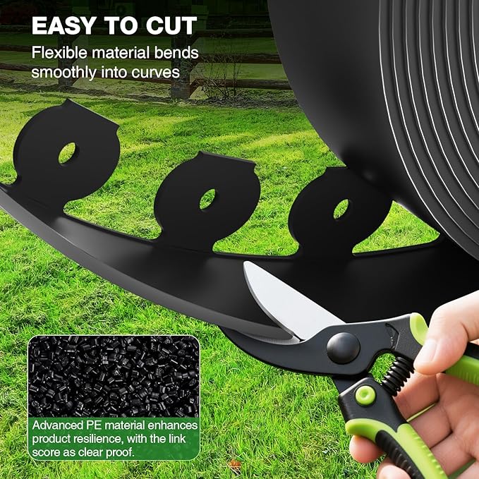 3in Tall,40ft Landscape Edging Kit with 60pcs Metal Spikes, Reinforced Rib Design,No-Dig Flexible Plastic Edge Border for Landscape, Lawn,Garden,Flower Beds,Yard,Paver,Playground, Fence,Pathway,Black