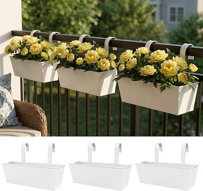 LaLaGreen Rail Planter (16 Inch, 3 Pack) Rectangular Metal Hanging Flower Railing Fence Balcony Gardening for Apartment Patio Planters Modern Garden Style Porch Decor Iron Outdoor Deck Decoration