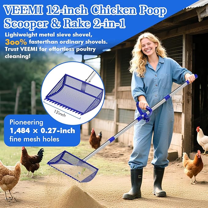 Chicken Poop Scooper Rake 2-in-1,304 Stainless Steel Shovel Head, Chicken Litter Scoop with Handle for Chicken Coop for Sand, Pet Waste Cleaning, Litter Sifting Shovel (35 to 65") (Blue, 12inch)