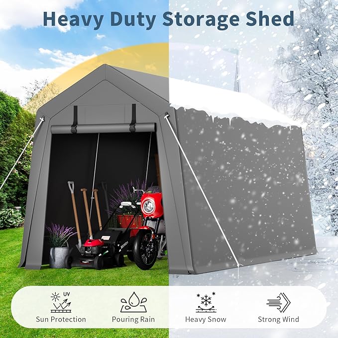7x10FT Heavy Duty Outdoor Storage Tent, Waterproof & UV-Resistant Outdoor Motorcycle Storage Tent Garage Shelter with Roll-Up Zipper Doors, Portable Carport for Bikes Firewood