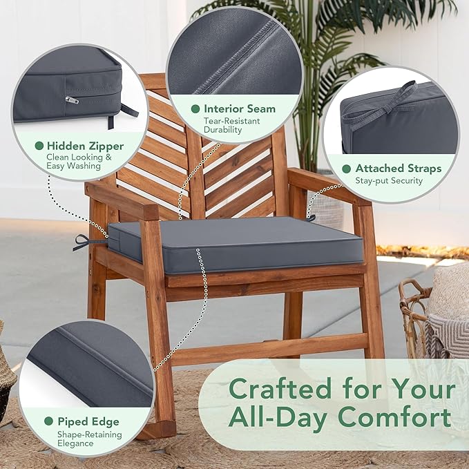 Outdoor Chair Cushions Set of 2: Waterproof & Fade Resistant Seat Cushion for Patio Furniture - 18.5 x 16 x 2 Inch Chair Pads with Ties and Hidden Zipper - Patio Chair Cushion Replacement, Dark Grey