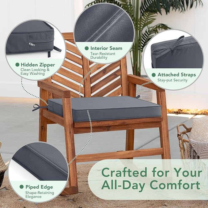 Outdoor Chair Cushions Set of 4: Waterproof & Fade Resistant Seat Cushion for Patio Furniture - 19 x 19 x 2 Inch Chair Pads with Ties and Hidden Zipper -Patio Chair Cushion Replacement, Dark Grey