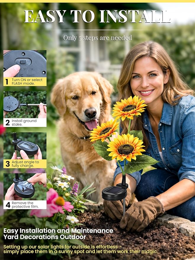 GIGALUMI Solar Garden Lights Artificial Sunflowers, LED Garden Decor Carefree Sunflower Solar Lights Outdoor Yard Decorations Outdoor, Everlasting Sunflower Decor Gift for Yard Patio (Set of 2)