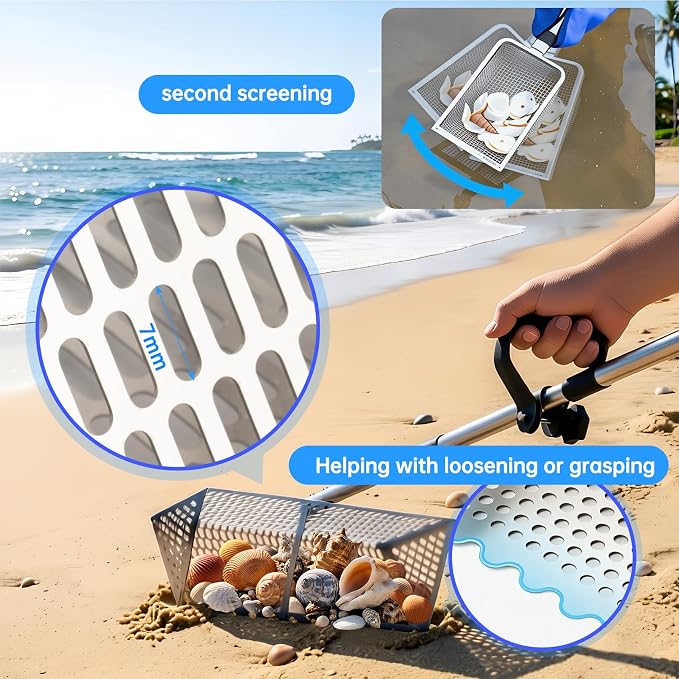 Sand Flea Rake，Detachable Long Handle Sand Sifter with Stainless Steel Sand Scoop Shark Tooth Sifter and Beach gloves with 16-Inch-Wide Drainage Mesh for Finding Fleas,Shells Shark Teeth,Yard Cleaning