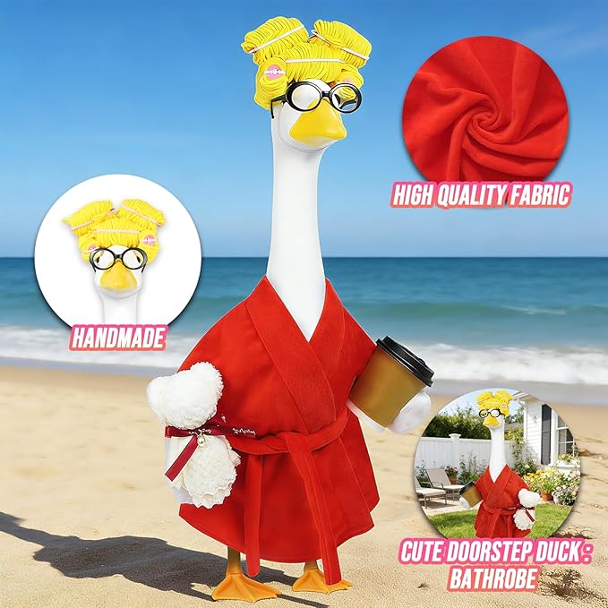 Lady Porch Goose Outfits,Bathrobe Porch Goose Statue Costume with Curlers Reading Glasses Coffee Cup Towel,Cute Goose Clothes for 23-Inch Cement Statue,Lawn Yard Garden Patio Decor（Red）