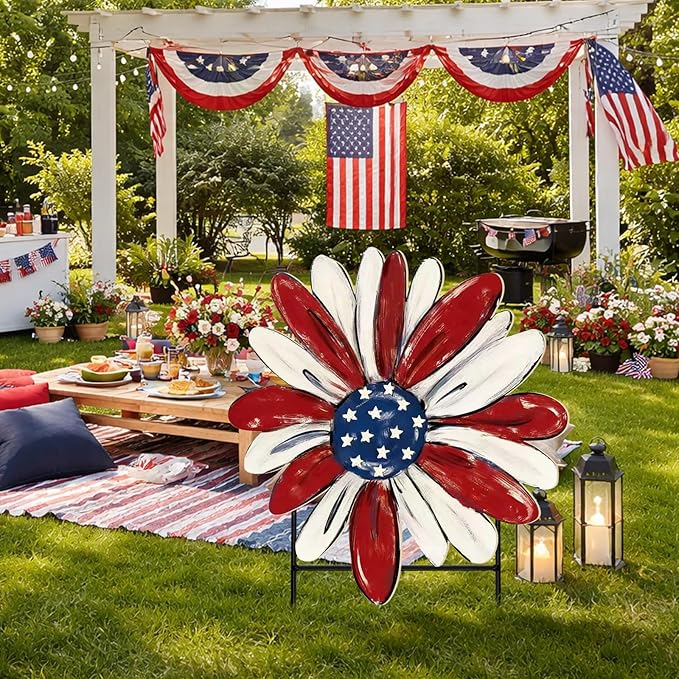Weysat 4th of July Decoration Outdoor Metal 250th Anniversary Yard Sign Freedom Patriotic America Daisy Garden Stakes Independence Day Lawn Porch Decor for Home Pathway Front Door Yard Patio Decor