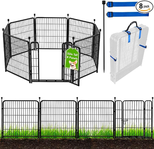 ADAVIN 32 in(H) Garden Fences and Borders,1 Gate+7 Panels Dog Fence Outdoor for Yard, Heavy Duty Iron Metal Animal Barrier Fence, Portable Fence, Flower Garden Fencing,Total 17.7 Ft(L), Black