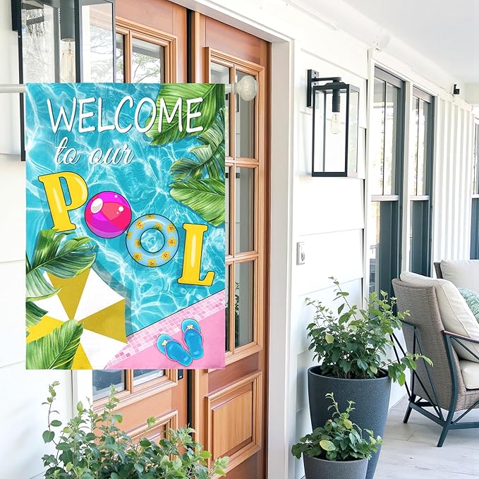 Welcome to Our Pool Garden Flag Vertical Double Sided Summer Swimming Pool Yard Flag Palm Leaf Parasol House Flags 28 x 40 Inch Holiday Party Seasonal Farmhouse Banner Outdoor Decor